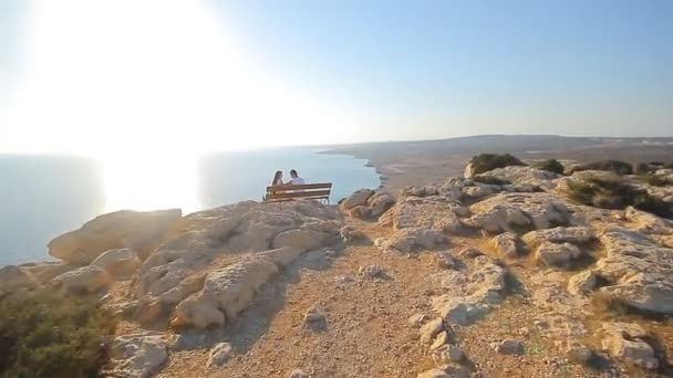 Couple amoureux marchant avec beagle chiot sur la côte de la mer — Video
