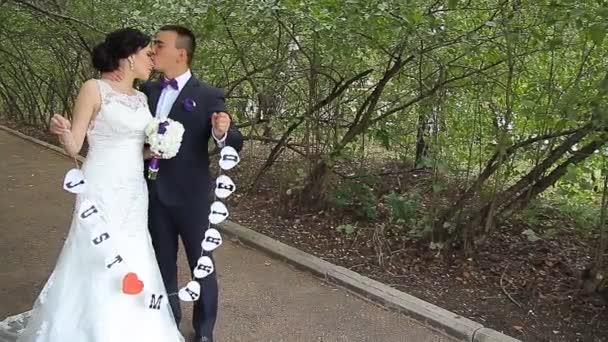 Ženich a nevěsta odchází v letním parku — Stock video