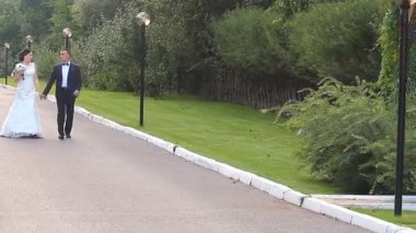 Gelin ve damat uzak yaz Park'ta yürüyordunuz