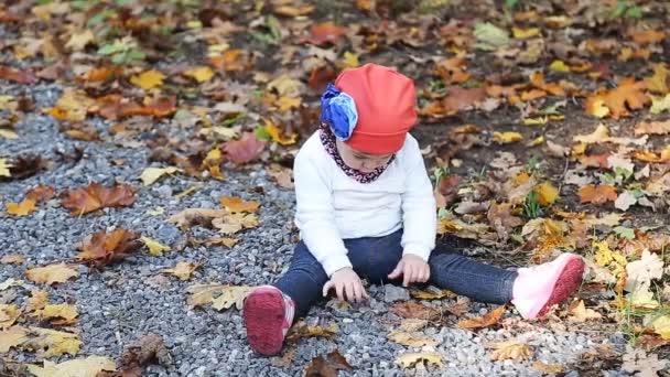 joyeuse petite fille souriante parmi les feuilles d'érable d'automne 