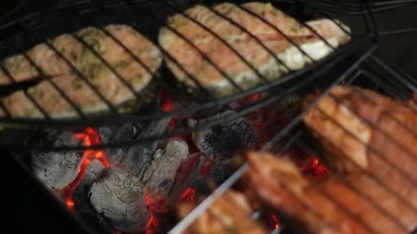 Viande sur le gril avec des flammes gros plan — Video