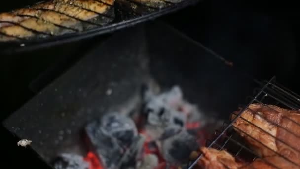 Viande sur le gril avec des flammes gros plan — Video