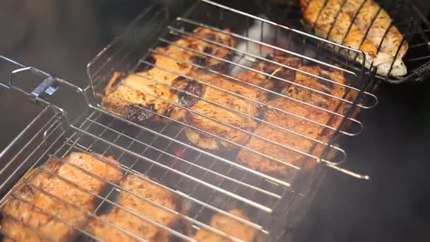 Vlees op de grill met vlammen close-up — Stockvideo