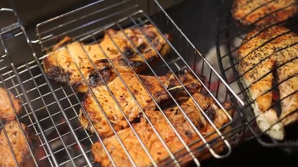 Vlees op de grill met vlammen close-up — Stockvideo