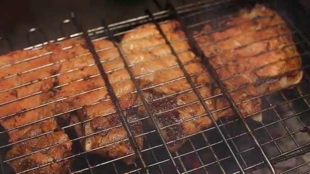 Viande sur le gril avec des flammes gros plan — Video
