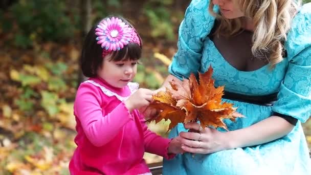 Madre e hija caminando en el parque otoño — Vídeos de Stock