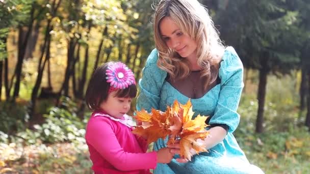 Matka i córka spaceru w parku jesień — Wideo stockowe