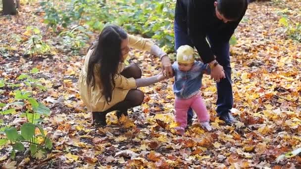 Lycklig familj på promenad i park i höst — Stockvideo