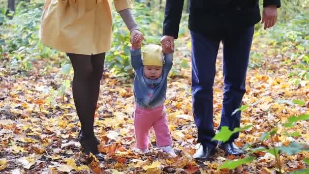 Família feliz em passeio no parque no outono — Vídeo de Stock