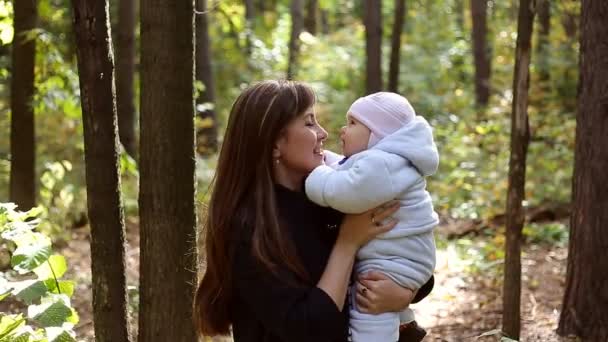 Caminhada em família na natureza em outono.Fim de semana ao ar livre na floresta . — Vídeo de Stock