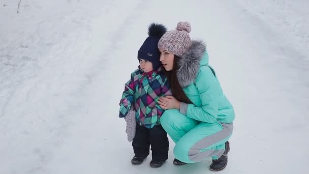 Мама и ее красивая дочь зимой — стоковое видео