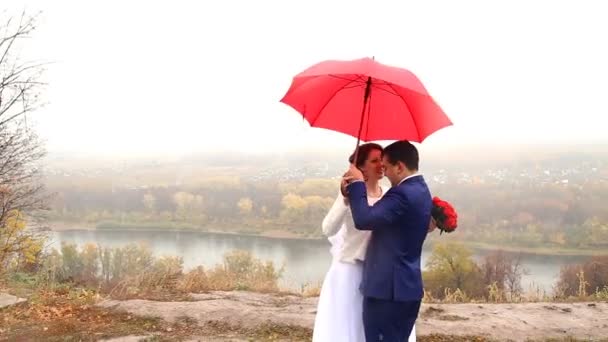 Pareja de boda sosteniendo paraguas rojo — Vídeo de stock