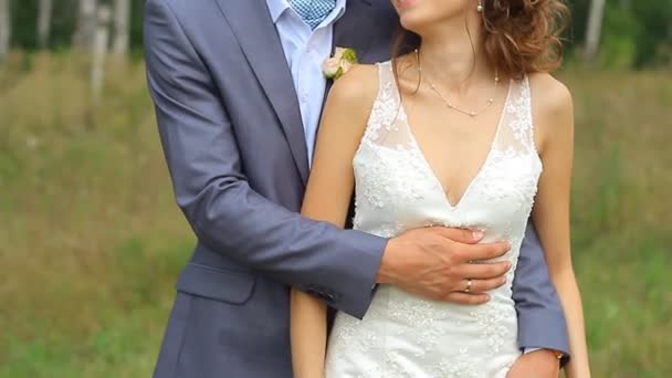 Schönes Hochzeitspaar spaziert auf der grünen Wiese — Stockvideo