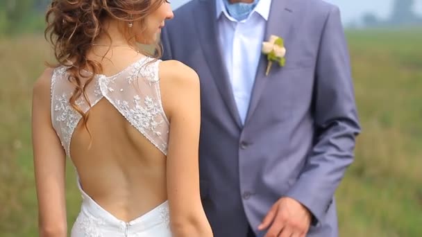 Beau couple de mariage marche sur le champ vert 