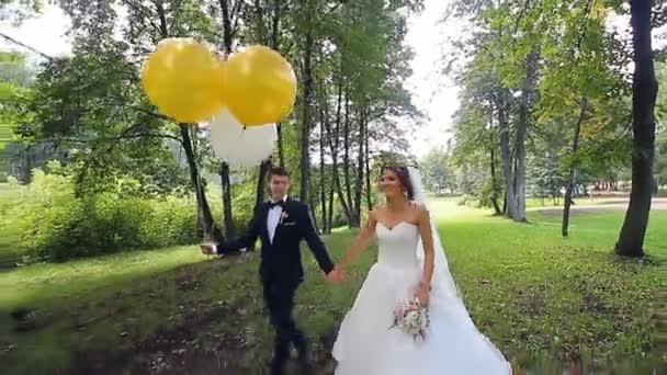 Newlyweds holding balls of white and yellow — Stock Video