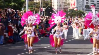 Karnaval grupları ve kostümlü karakterler, şehrin sokaklarında geçit töreni. 17 Şubat 2015, Tenerife, Kanarya Adaları, İspanya