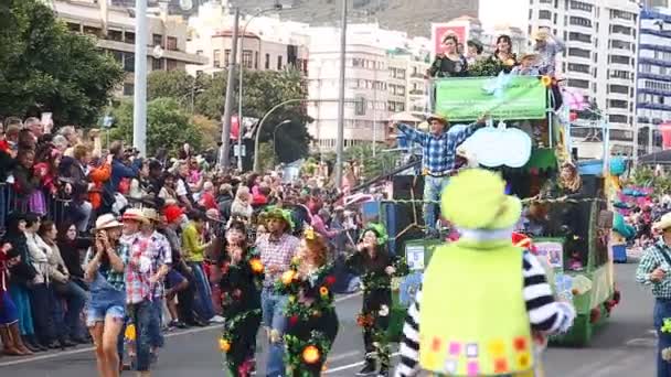 Gruppi di carnevale e personaggi in costume, sfilano per le vie della città. 17 FEBBRAIO 2015, Tenerife, Isole Canarie, Spagna — Video Stock