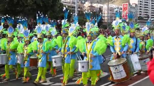 Καρναβαλικές ομάδες και μασκαρεμένες χαρακτήρες, παρελαύνουν στους δρόμους της πόλης. Φεβρουαρίου 17, 2015, Τενερίφη, καναρίνι νησιά, Ισπανία — Αρχείο Βίντεο