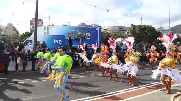 Grupos de carnaval y personajes disfrazados, desfilan por las calles de la ciudad. 17 DE FEBRERO DE 2015, Tenerife, Islas Canarias, España — Vídeos de Stock