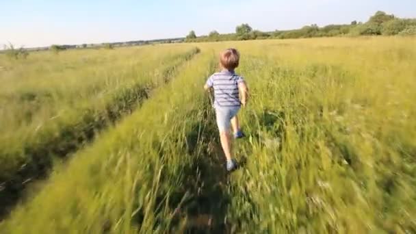 Gutt som løper over åsen i sakte bevegelse – stockvideo