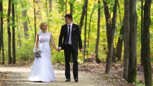 Brudparet tar en promenad i parken. — Stockvideo