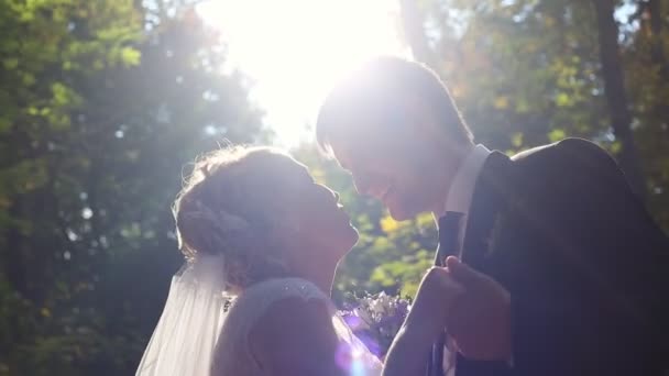 Поцелуи невесты и жениха в лесу — стоковое видео