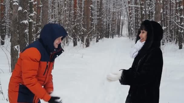 Pareja en el parque en invierno lanza nieve en cámara lenta — Vídeos de Stock