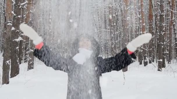 Coppia nel parco in inverno getta neve al rallentatore — Video Stock