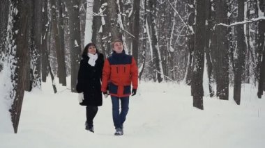 Genç hippi çift slowmotion kış ormanda yürüyüşe sahip