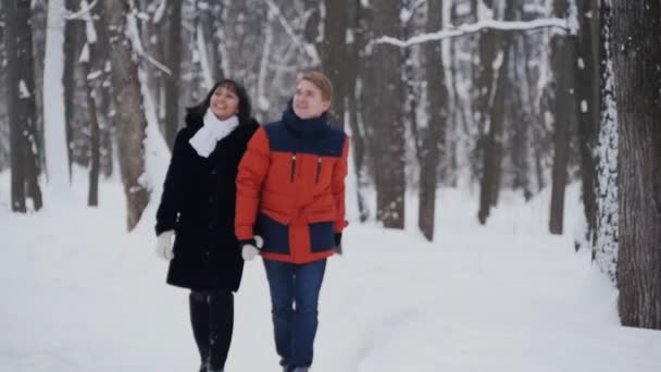 Pár mladých bederní s procházku v zimním lese v slowmotion — Stock video