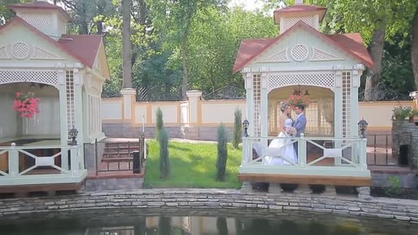 Bride and groom embrace — Stock Video