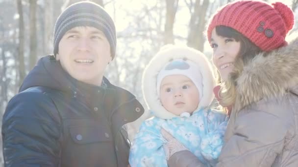Семейная прогулка в зимнем парке в замедленном движении — стоковое видео