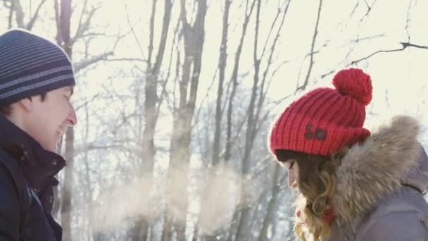 Mère tenant son fils dans le parc d'hiver, au ralenti — Video