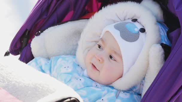 Πορτρέτο του χαριτωμένο μωρό στο καροτσάκι στο χειμώνα — Αρχείο Βίντεο