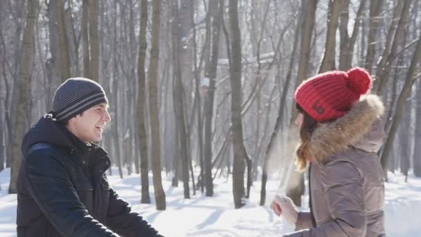 Jovem casal feliz no parque de inverno, lentidão — Vídeo de Stock