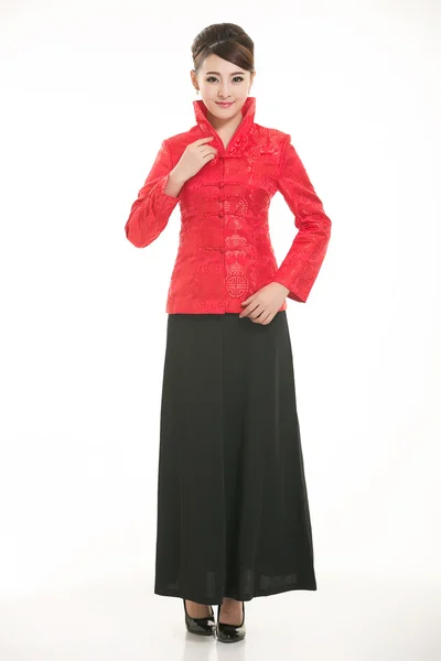 Wearing Chinese clothing waiter in front of a white background — Stock Photo, Image