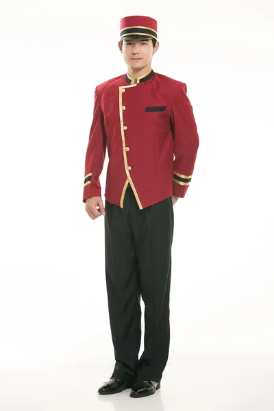 Wearing Chinese clothing waiter in front of a white background — Stock Photo, Image