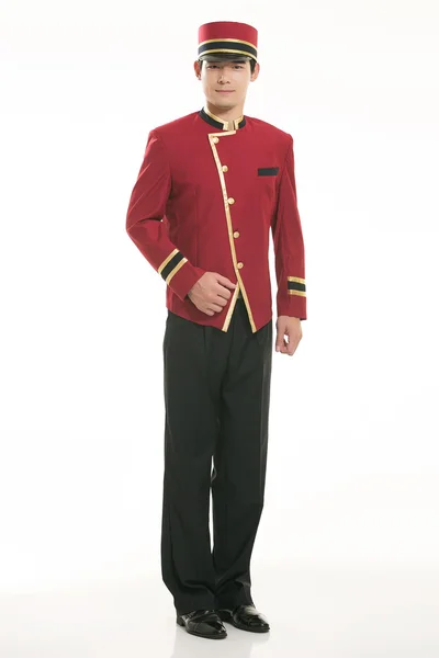 Wearing Chinese clothing waiter in front of a white background — Stock Photo, Image