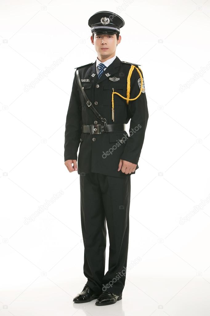 Create all kinds of work clothes policeman stands in front of a white background