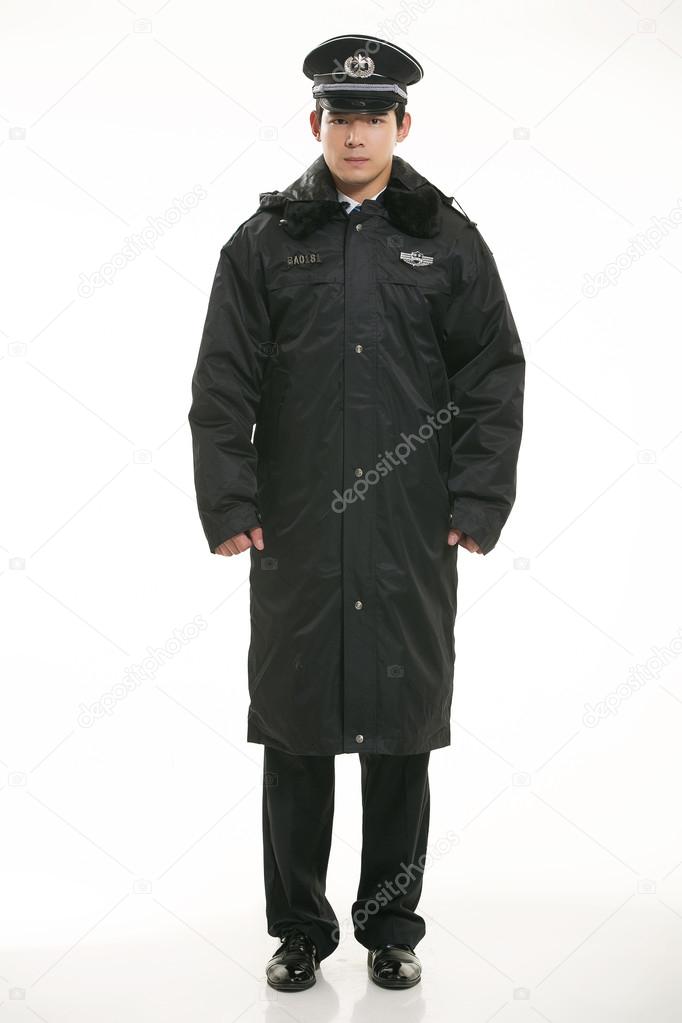 Create all kinds of work clothes policeman stands in front of a white background