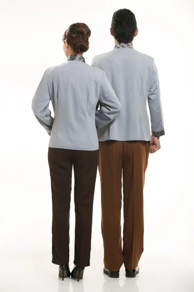 Dressed in overalls who stand in front of a white background — Stock Photo, Image