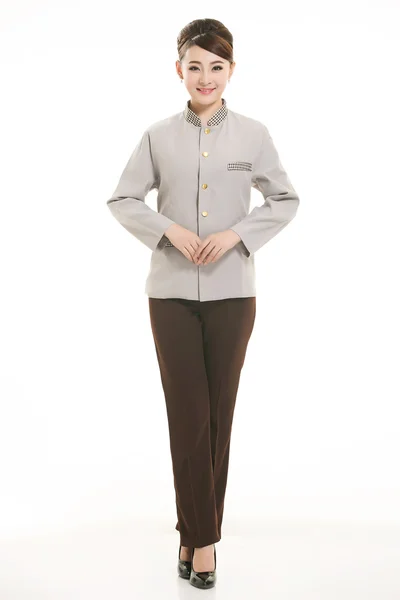 Gekleidet in Overalls, die vor weißem Hintergrund stehen — Stockfoto