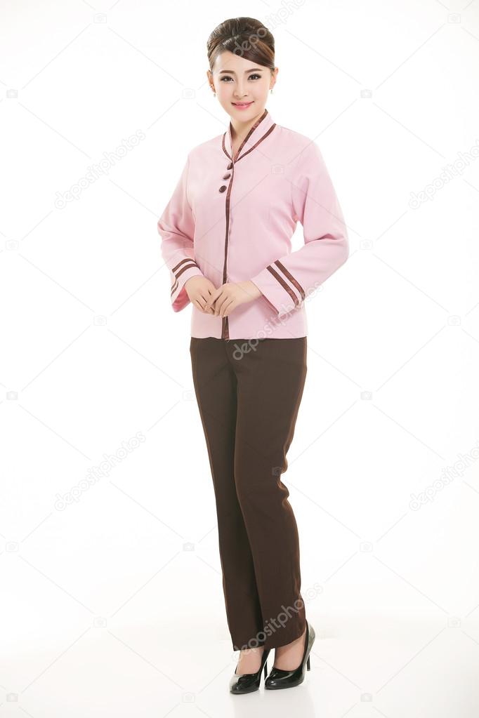 Dressed in overalls who stand in front of a white background