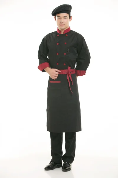 Beyaz arka planda her türlü giyim aşçısının diyetini giyerek.