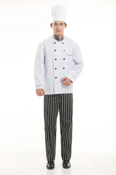 Vestindo todos os tipos de roupas chef nutricionista na frente de fundo branco — Fotografia de Stock