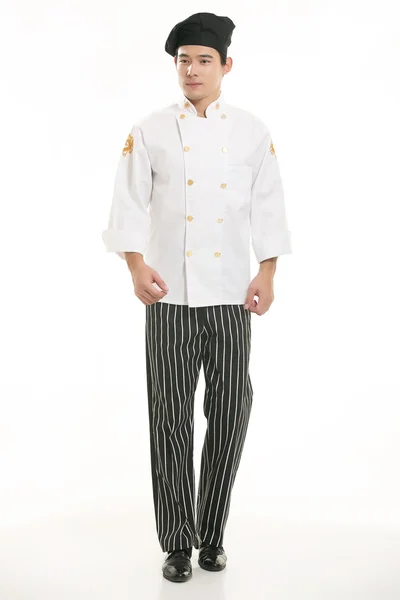 Vestindo todos os tipos de roupas chef nutricionista na frente de fundo branco — Fotografia de Stock