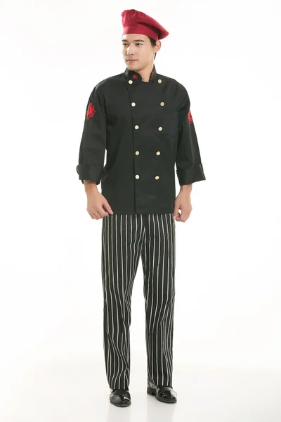 Vestindo todos os tipos de roupas chef nutricionista na frente de fundo branco — Fotografia de Stock