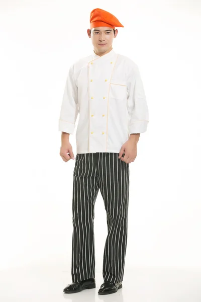 Vestindo todos os tipos de roupas chef nutricionista na frente de fundo branco — Fotografia de Stock