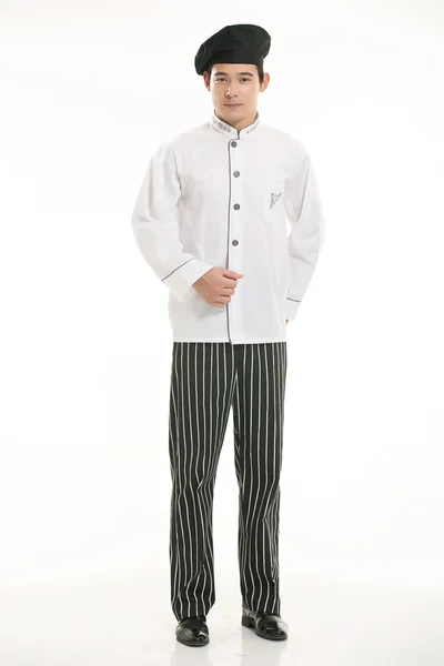 Vestindo todos os tipos de roupas chef nutricionista na frente de fundo branco — Fotografia de Stock