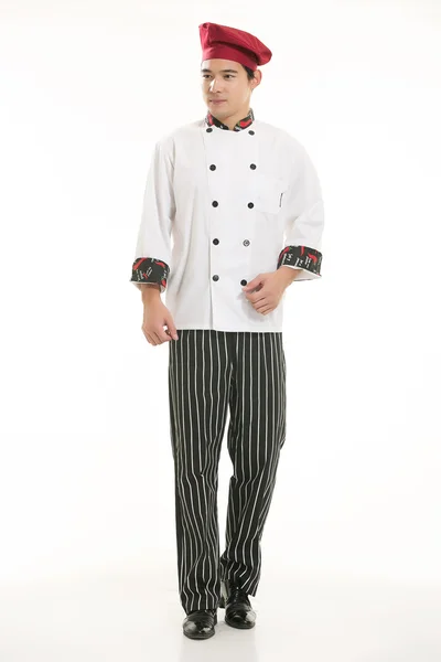 Nosí všechny druhy oblečení šéfkuchař dietní před bílým pozadím — Stock fotografie